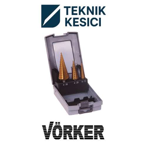 Vörker HSS TiN Kaplı Kademeli Sac Delme Matkabı Seti 3 Parça - Teknik Kesici Vörker HSS TiN Kaplı Kademeli Sac Delme Matkabı Seti 3 Parça - Vörker